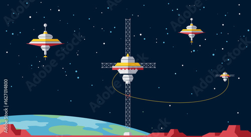 Futuristic space station with flying saucers in starry night sky above planet. Vector illustration