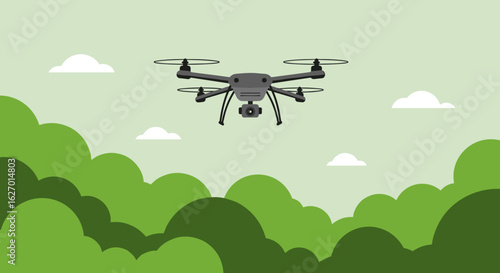 Black drone flying over green trees with light clouds in the sky. Vector illustration