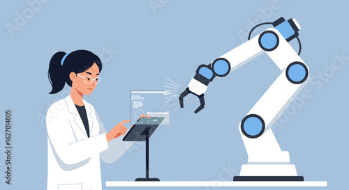 Female asian young scientist interacting with robotic arm in modern laboratory. Vector illustration