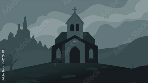 mist drifting through abandoned stone church vector background