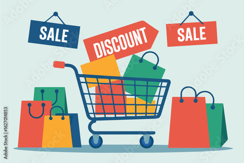 Clean and modern vector  sale discount shopping cart with bags vector illustration graphic design