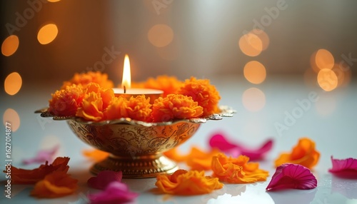 Lit candle sits in golden bowl filled with vibrant orange marigold flowers. Scattered petals in orange, pink adorn surface. Soft bokeh lights create warm, festive atmosphere, perfect for celebrating