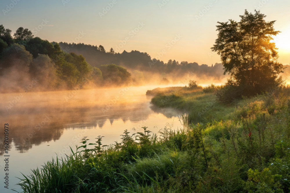 Fototapeta premium Riverbank with Morning Mist and Rising Sun Casting Golden Light over Calm Water