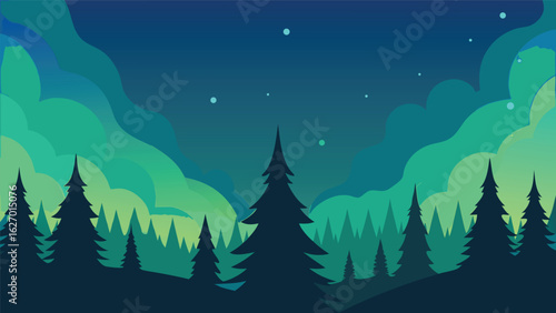 northern lights sky with pine silhouettes vector background