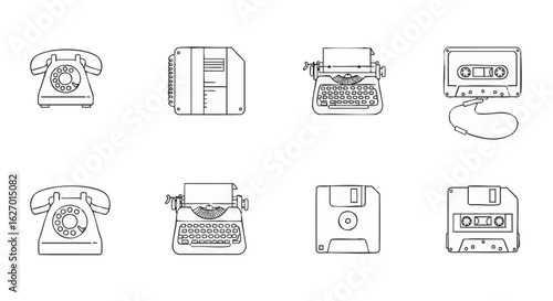 A collection of retro technology icons in a minimalist line art style. Vector set of vintage electronic devices and communication gadgets.