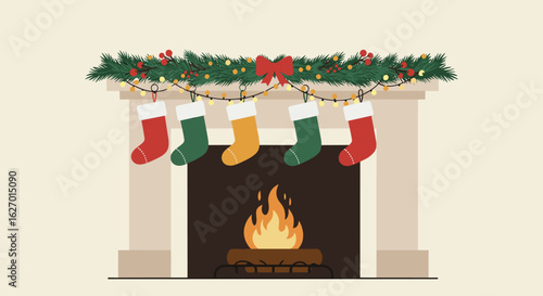 Festive fireplace mantel with christmas stockings and garland decoration. Vector illustration