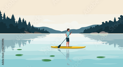 Young caucasian male paddleboarding on serene lake amidst scenic nature and reflection. Vector illustration
