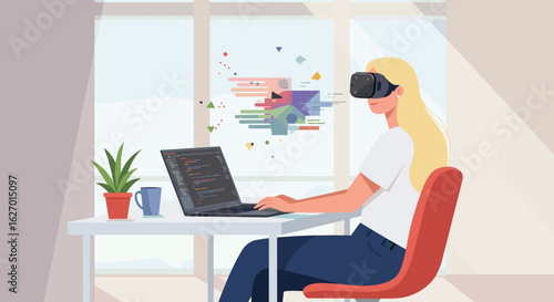 Blonde caucasian female working on laptop with vr glasses in modern office setting. Vector illustration