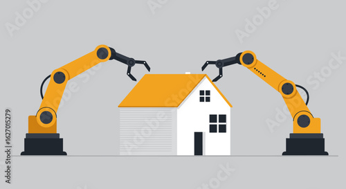 Automated construction: robotic arms building model house with precision and efficiency. Vector illustration