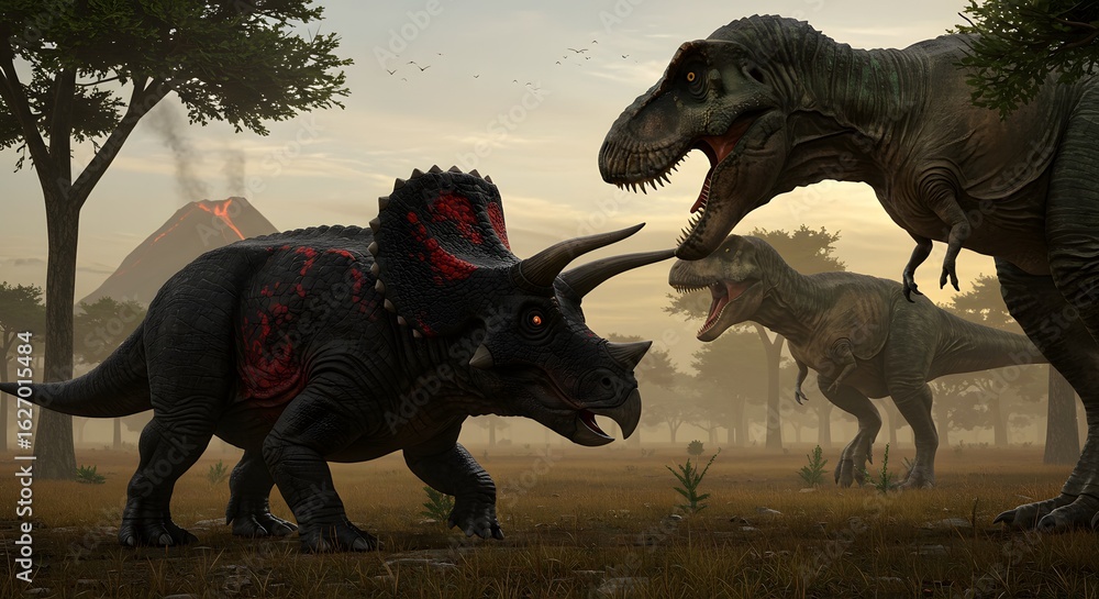 Fototapeta premium A dramatic scene of a triceratops facing two t-rex dinosaurs with a volcano in the background setting