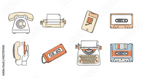 Vector icon collection of retro communication technology. Vintage electronics set with typewriter, rotary phone, and audio cassette.