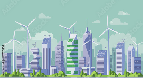 Modern eco-friendly cityscape with wind turbines and solar panels on skyscrapers. Vector illustration