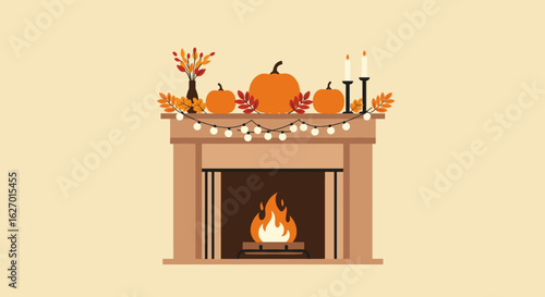 Cozy autumn fireplace decor with pumpkins and candles for a warm fall atmosphere. Vector illustration