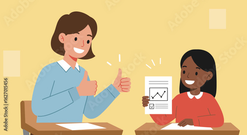 Asian female teacher praises african female child for excellent test score. Vector illustration