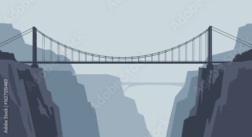 Minimalist suspension bridge silhouette spanning between rocky cliffs. Vector illustration