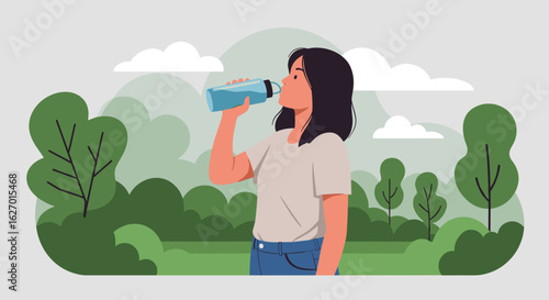 Young asian female hydrating in nature with reusable bottle in serene green park. Vector illustration