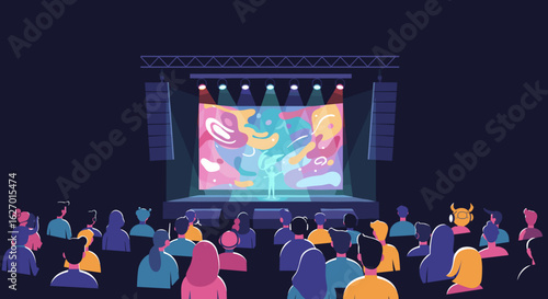 Colorful music concert with diverse audience and vibrant stage lights. Vector illustration