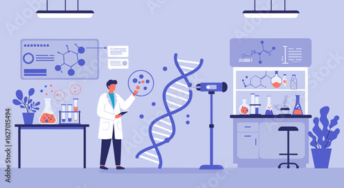 Scientist analyzing dna structure in modern laboratory setting. Vector illustration