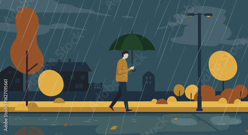 Young caucasian male walking in rainy autumn night street with umbrella and fall foliage. Vector illustration