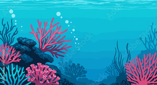 Vibrant coral reef underwater scene with colorful marine life and blue sea. Vector illustration