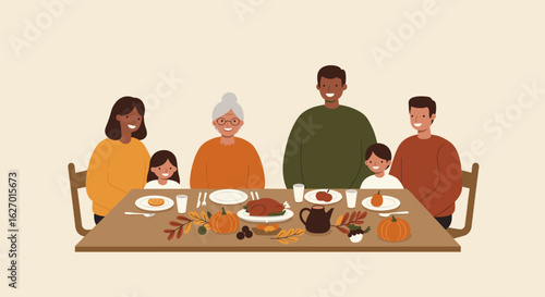 Diverse family gathering: caucasian and african american adults and children celebrating thanksgiving. Vector illustration