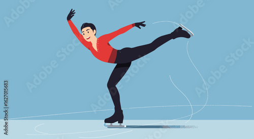 Female asian young figure skater performing graceful ice routine in red outfit. Vector illustration
