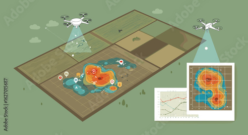 Drone mapping technology in agricultural land management with heat map and data analysis. Vector illustration
