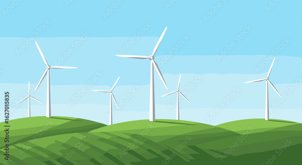 Wind turbines on green hills under clear blue sky for sustainable energy. Vector illustration Wind turbines on green hills under clear blue sky for sustainable energy. Vector illustration