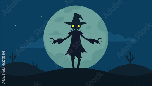 shadowy scarecrow under full moon creepy vector background