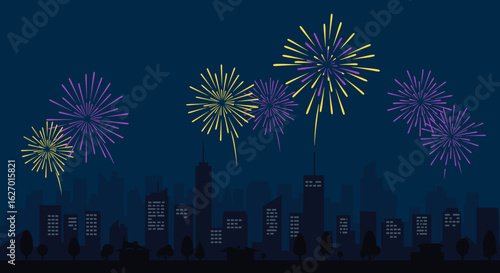 Colorful fireworks brighten city skyline night celebration event festive display. Vector illustration