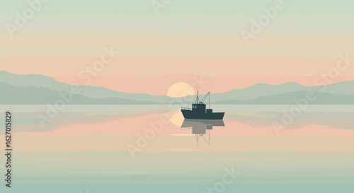 Tranquil fishing boat at sunrise with mountain reflections on calm waters. Vector illustration