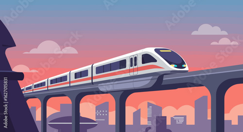 Modern high-speed train on elevated track against urban sunset skyline. Vector illustration