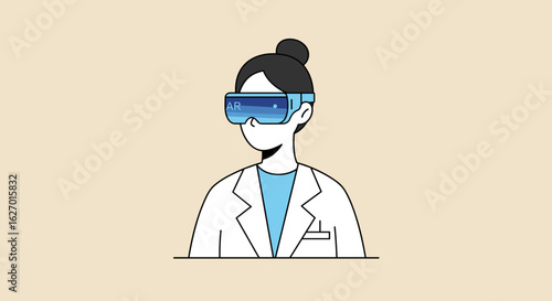 Female asian adult in lab coat wearing ar glasses for virtual reality interaction. Vector illustration