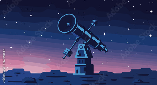 Large telescope under starry night sky on rocky terrain for stargazing. Vector illustration