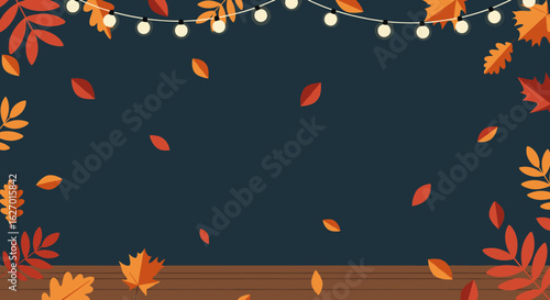 Autumn leaves falling beneath string lights in a cozy outdoor setting. Vector illustration