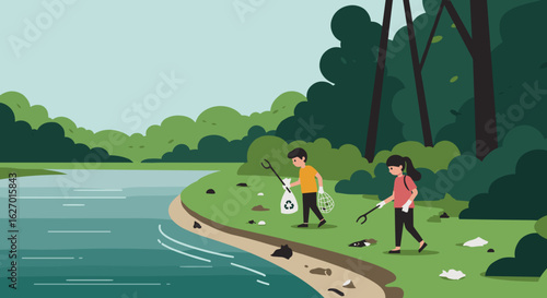 Young caucasian teens cleaning litter by riverbank in lush forest environment. Vector illustration