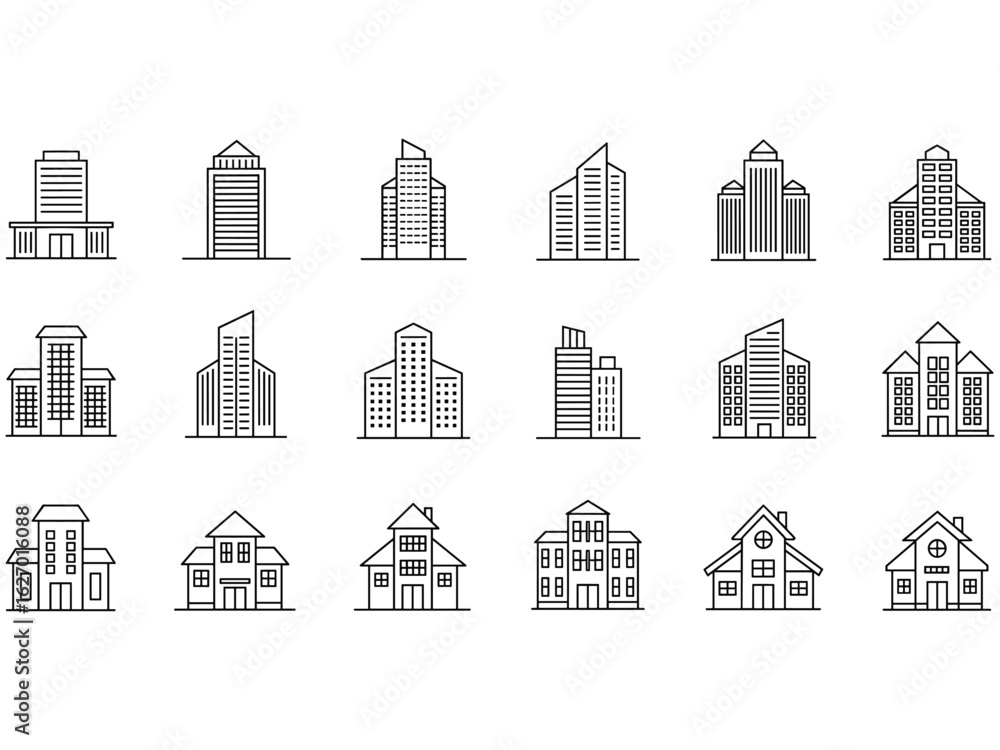 Fototapeta premium Modern Minimalist Line Art Building Icons: Houses, Apartments, and Skyscrapers Collection.