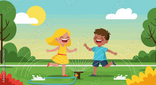 Young caucasian children playing in sprinkler on sunny day in park. Vector illustration