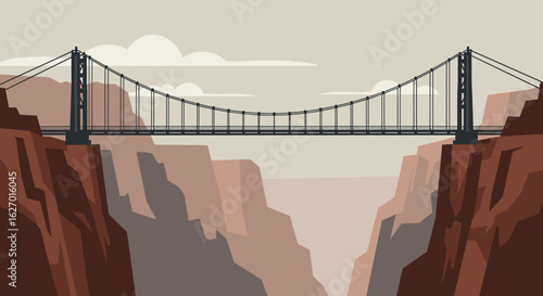 Suspension bridge spanning rugged canyon under overcast sky. Vector illustration