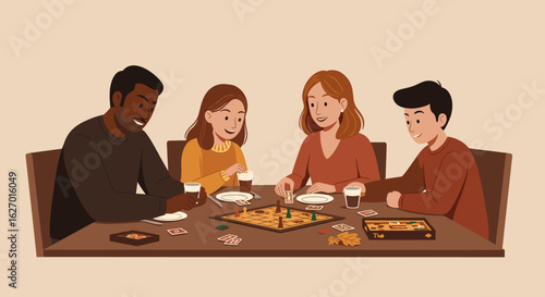 Diverse friends enjoying board game at cozy table with drinks in relaxed atmosphere. Vector illustration