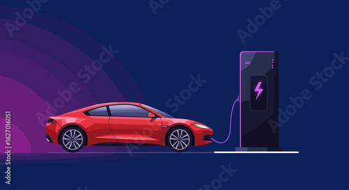 Electric red sports car charging at station during nighttime. Vector illustration