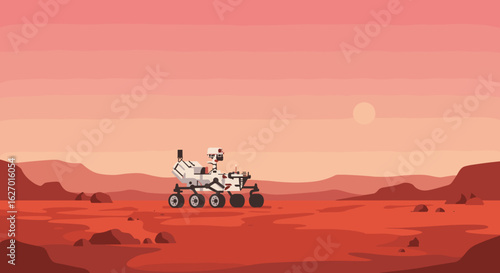 Mars rover exploring red planet surface at sunset with pink sky and distant horizon. Vector illustration