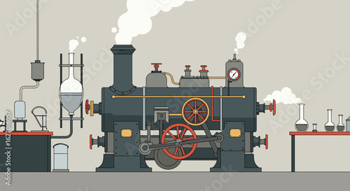 Vintage steam engine with industrial laboratory equipment and smoke details. Vector illustration