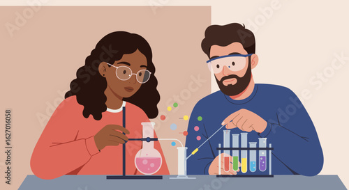 Diverse scientists conducting experiment with test tubes in laboratory setting. Vector illustration