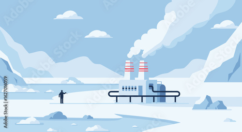Arctic landscape with smoke-emitting industrial facility and lone figure. Vector illustration