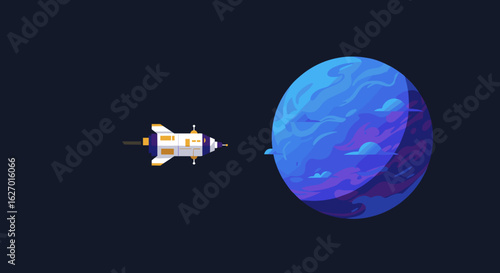 Space shuttle approaching mysterious blue planet in deep space exploration scene. Vector illustration