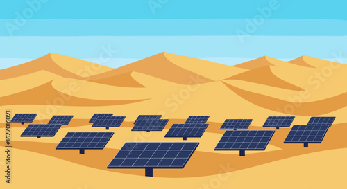 Solar panels in desert landscape with distant sand dunes under clear sky. Vector illustration