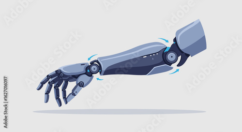 Robotic prosthetic arm with articulated joints and mechanical fingers. Vector illustration