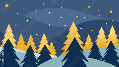 snowy pine forest with golden fairy lights vector background