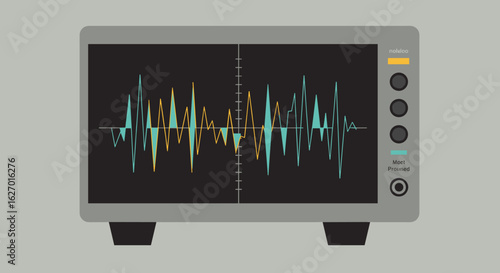 Colorful audio waveforms on grey oscilloscope screen displaying sound patterns. Vector illustration